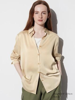 Womens Satin Long-Sleeve Blouse Beige 2XL UNIQLO US Product Image