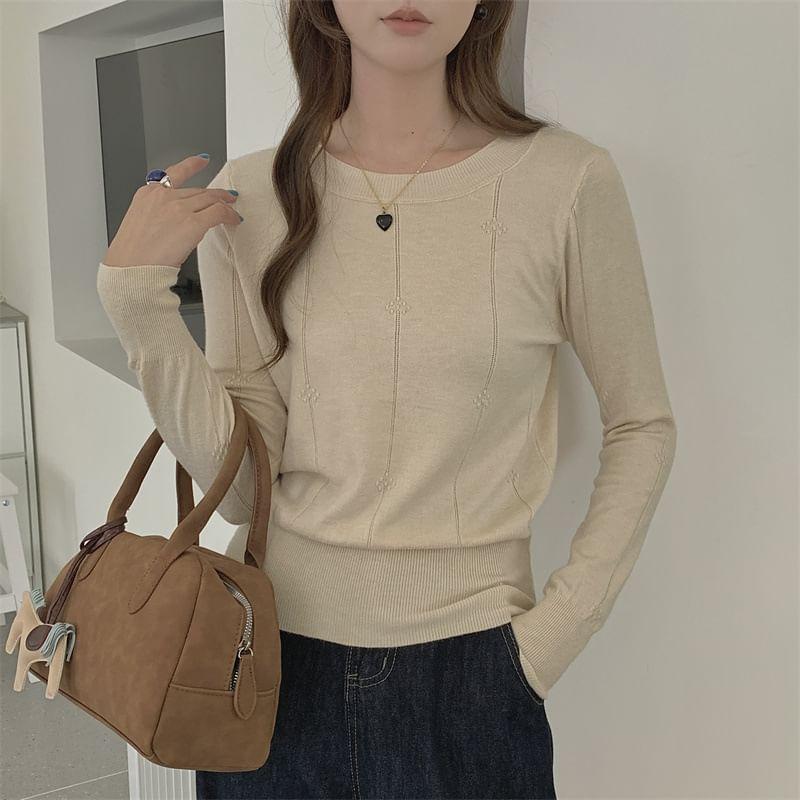 Long-Sleeve Crew Neck Plain Knit Top Product Image