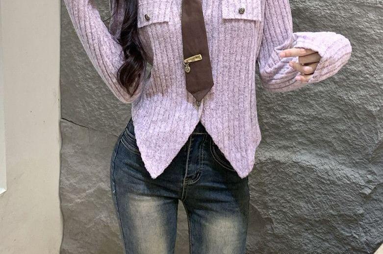 Long Sleeve Collared Melange Ribbed Button Top Product Image