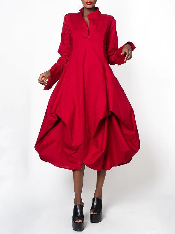 Stylish Loose Stand-Collar Long Sleeves Midi Dress Product Image