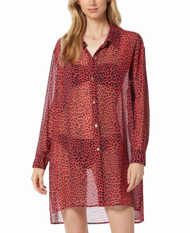 Michael Michael Kors Womens Animal-Print Sheer Cover-Up Shirt Product Image