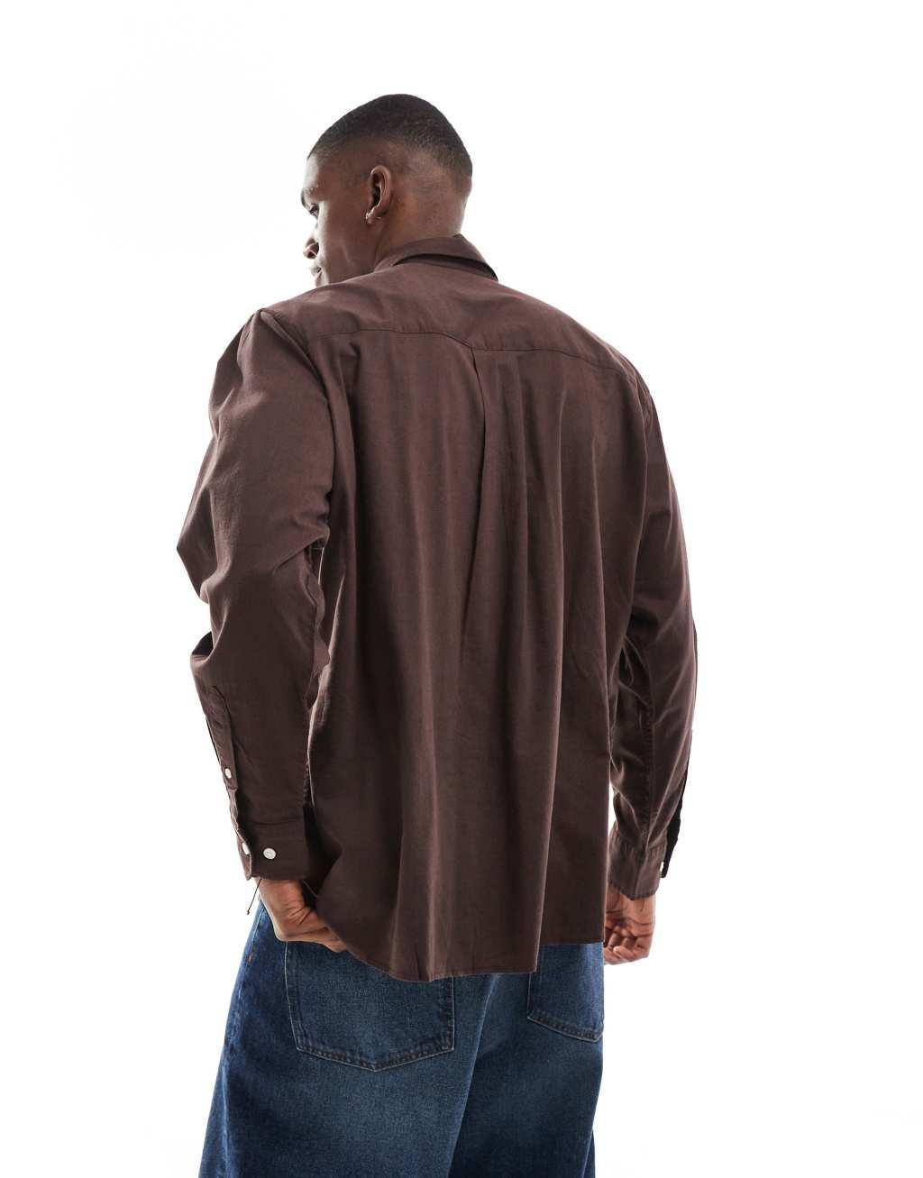 Jack & Jones oversized cotton shirt in chocolate brown Product Image