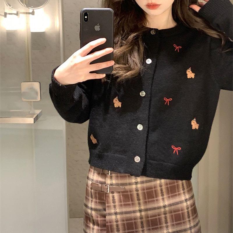 Crew Neck Bow Embroidered Button Cardigan Product Image