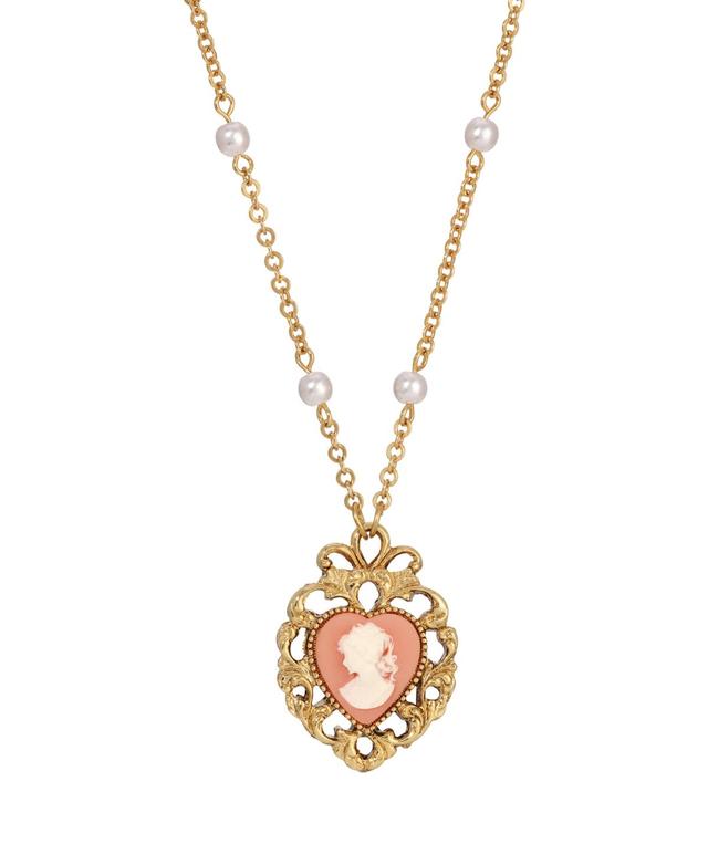 1928 Gold Tone Simulated Pearl Pink Cameo Heart Pendant Necklace, Womens, Orange Product Image