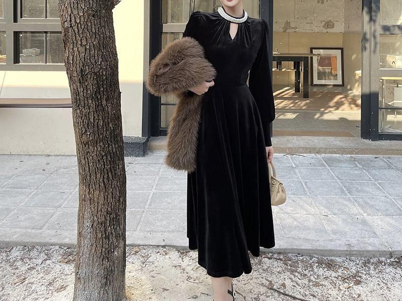 Long-Sleeve Stand Collar Velvet Maxi A-Line Dress product image