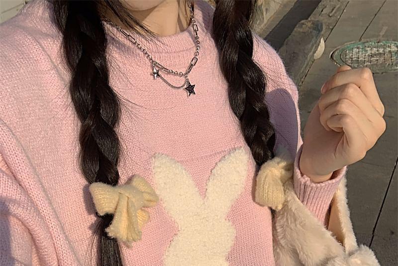 Round Neck Rabbit Jacquard Pom Pom Sweater Product Image