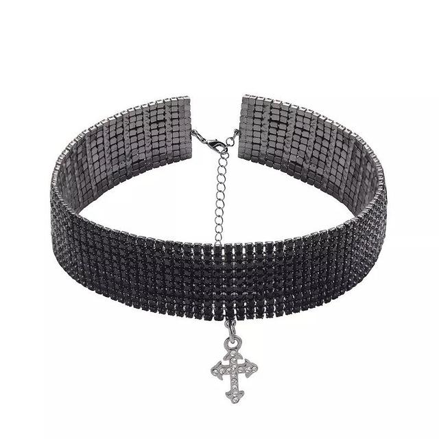 Emberly Hematite & Black Simulated Stone Cross Pendant Choker Necklace, Womens Product Image