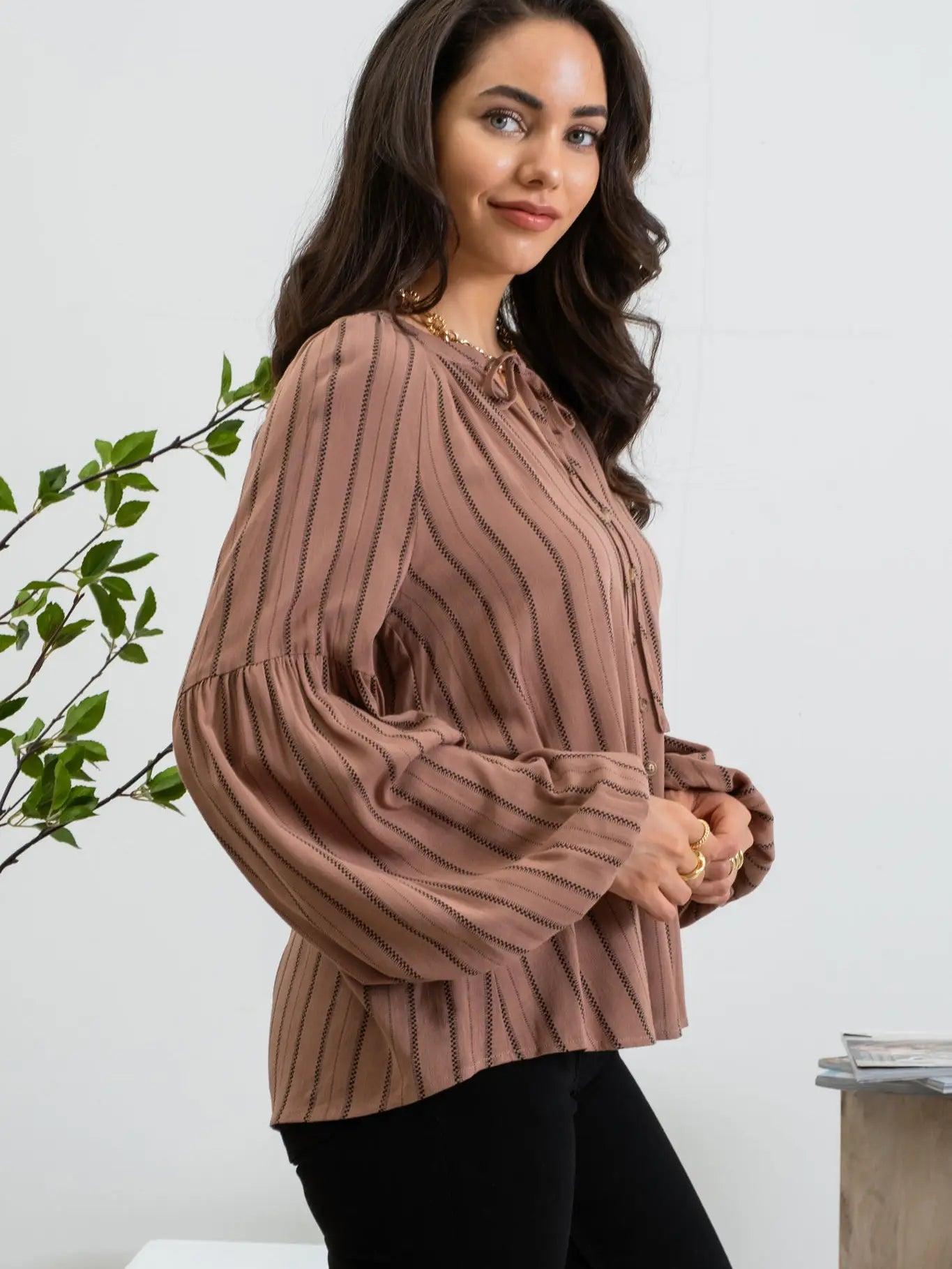 Brown Stripe Peasant Blouse Female Product Image