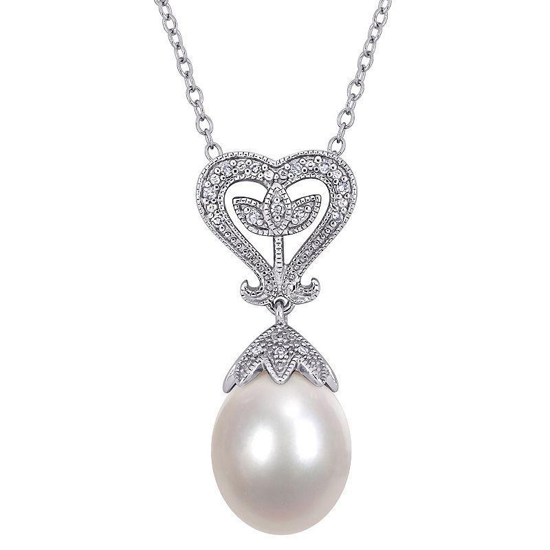 Stella Grace Sterling Silver Diamond Accent & Freshwater Cultured Pearl Heart Pendant, Womens White Product Image