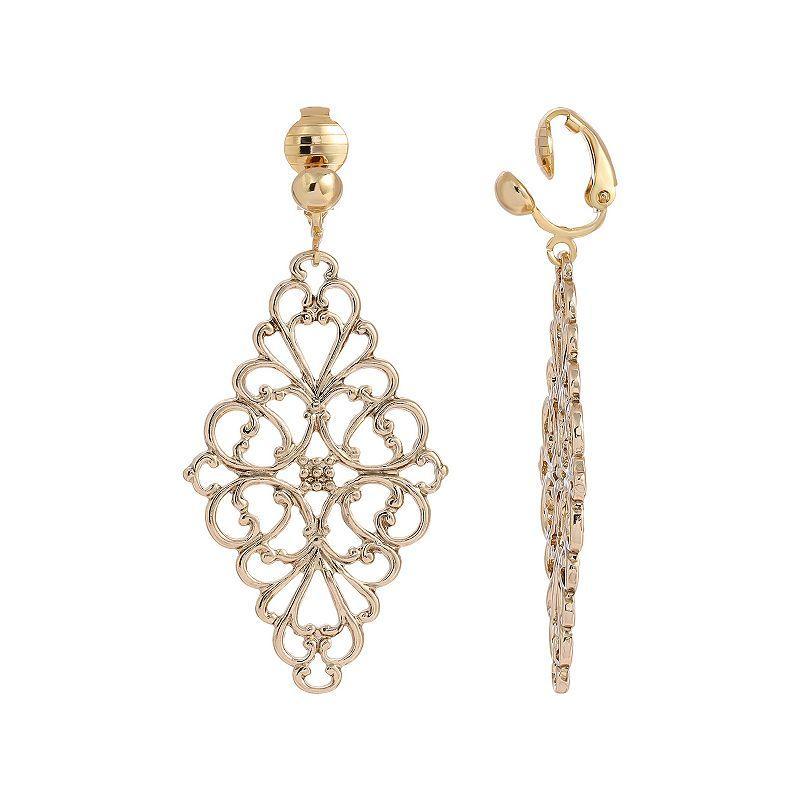 1928 Gold Tone Filigree Diamond Clip On Earrings, Womens, Silver Tone Product Image