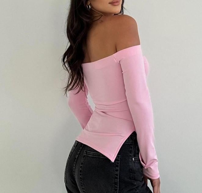 Long Sleeve Off-Shoulder Plain Slit Slim-Fit Crop Top Product Image