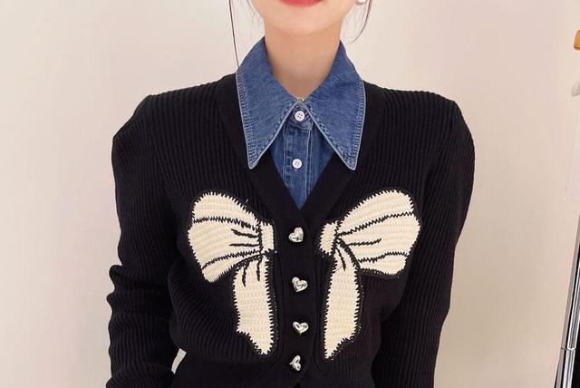 V-Neck Bow Embroidered Ribbed Cardigan Product Image