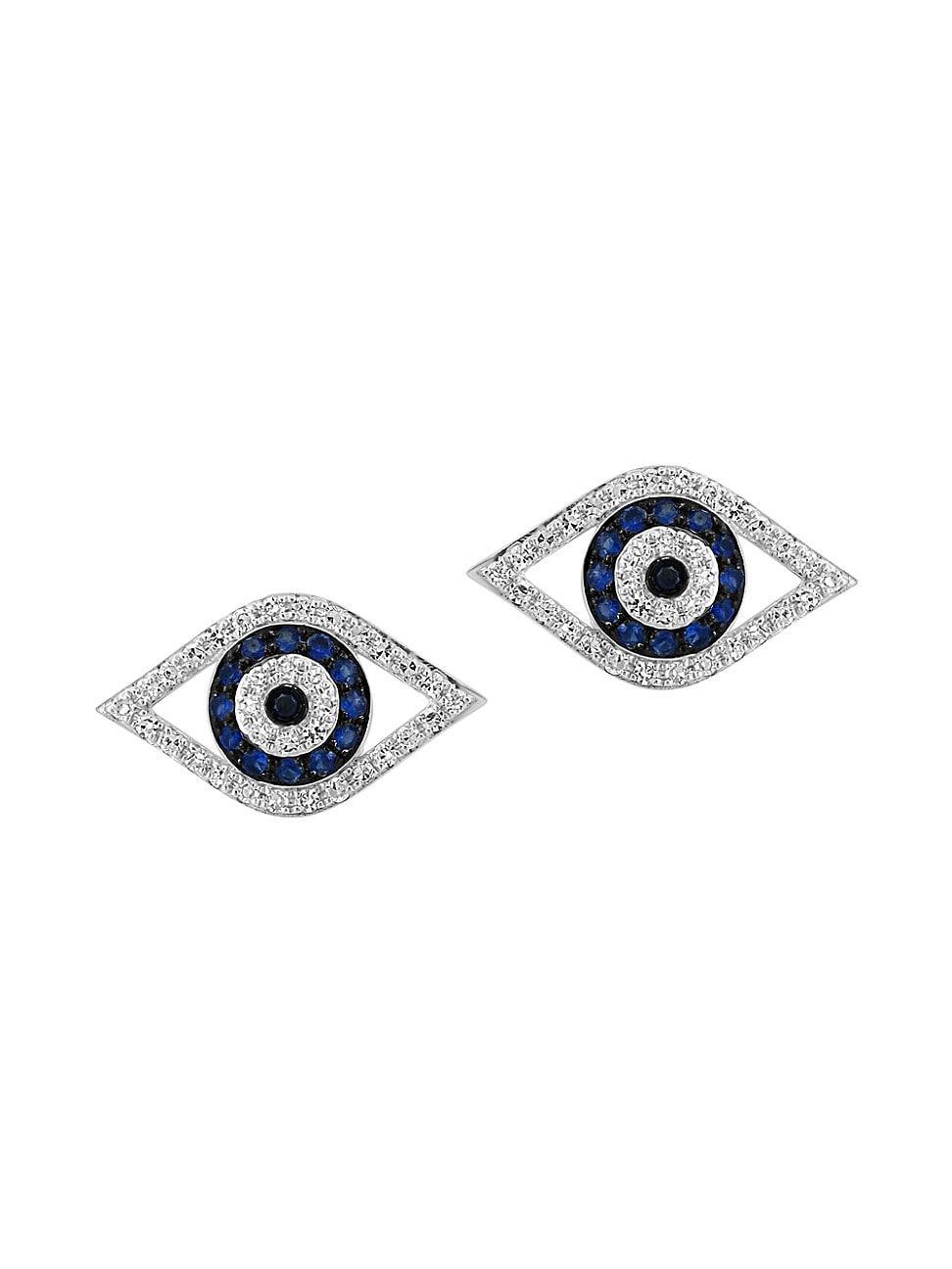 Womens 14K White Gold, Blue Sapphire & 0.21 TCW Diamond Evil Eye Stud Earrings Product Image