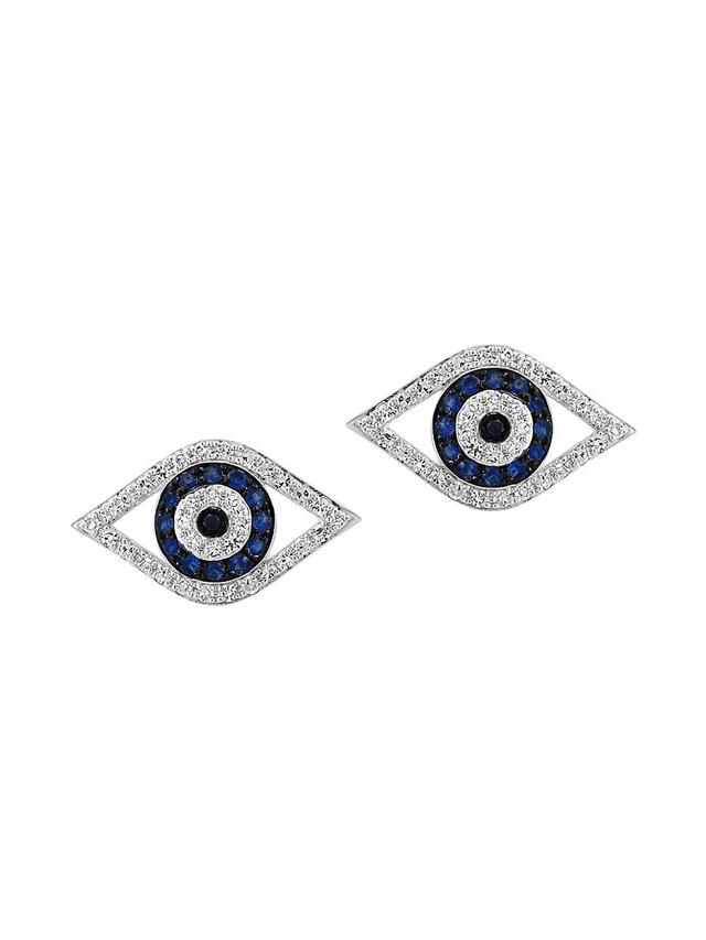 Womens 14K White Gold, Blue Sapphire & 0.21 TCW Diamond Evil Eye Stud Earrings Product Image