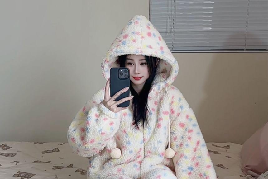 Hooded Dotted Fleece Pajama Set Product Image