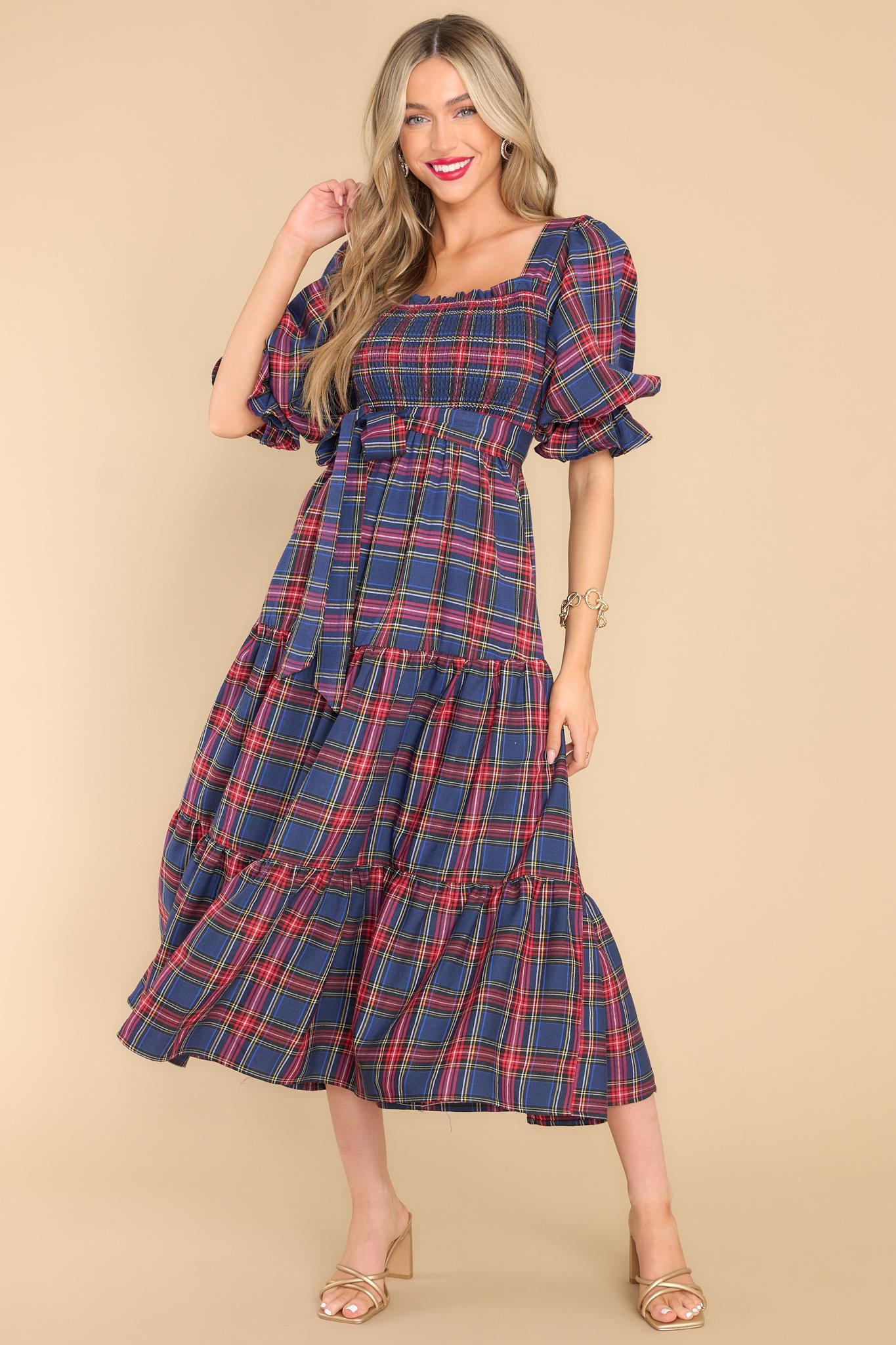 Wishful Wonderland Navy Plaid Midi Dress Product Image