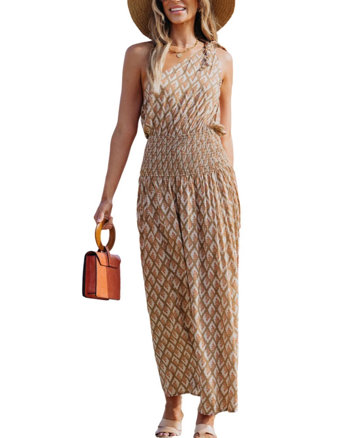 Women's Retro One-Shoulder Smocked Maxi Beach Dress Product Image