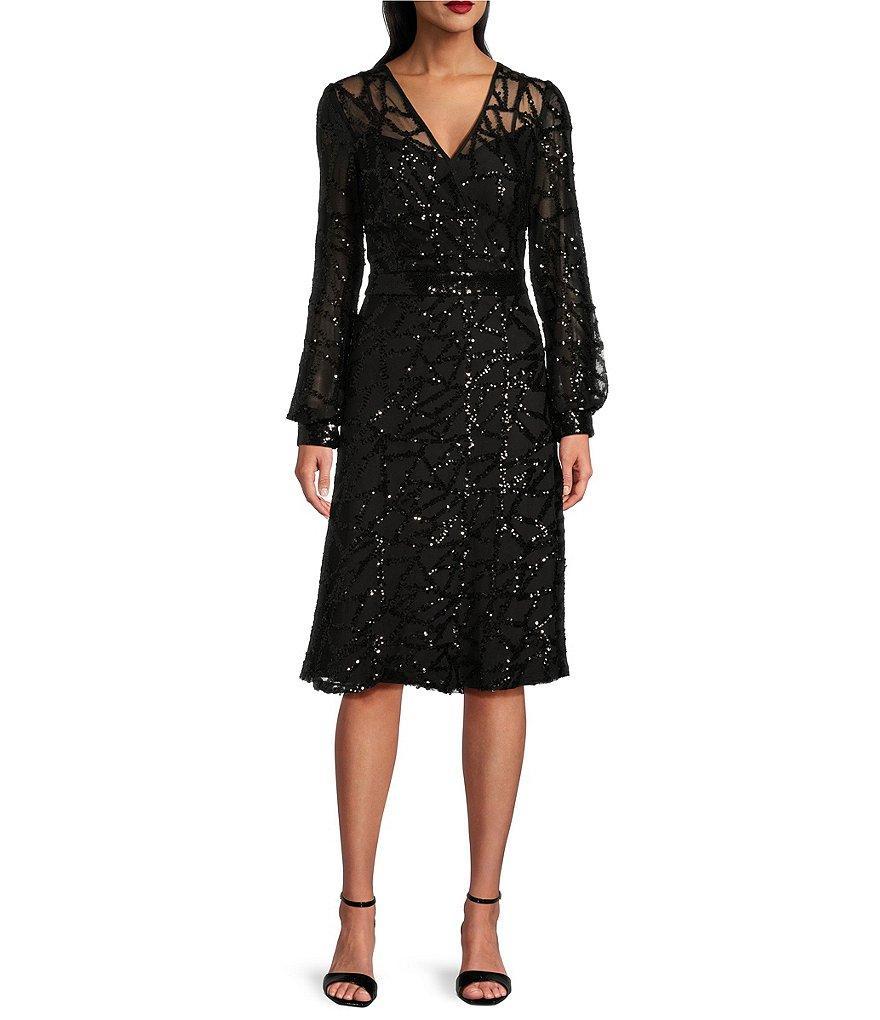 R & M Richards Sequin Power Mesh Beaded Surplice V-Neck Long Cuffed Sleeve A-Line Dress Product Image