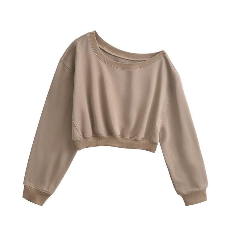 One-Shoulder Long-Sleeve Plain Crop Pullover Product Image