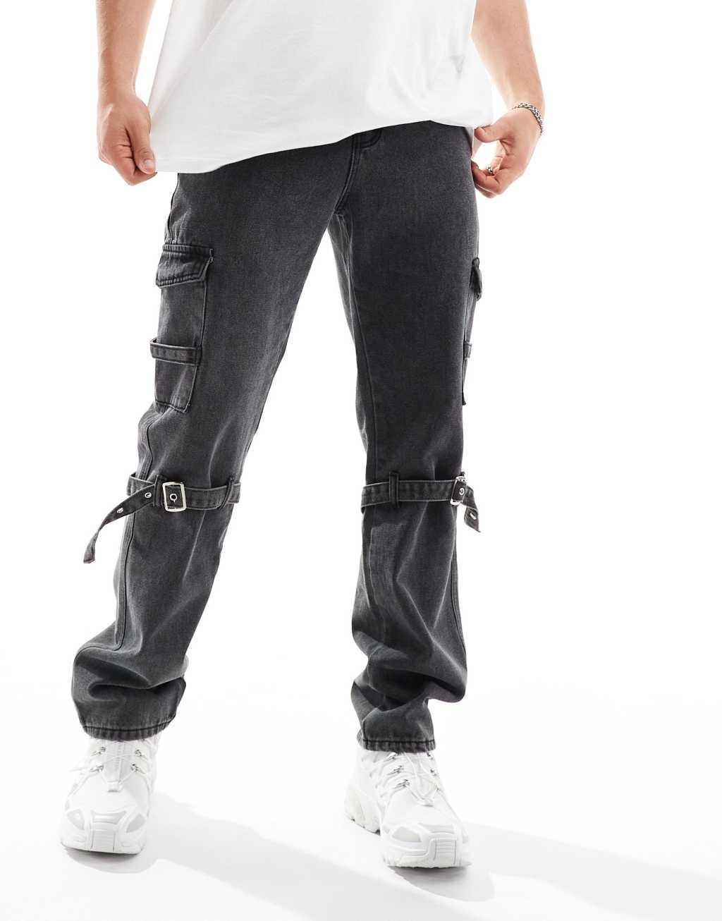 Liquor N Poker relaxed cargo jeans with strap in black wash Product Image