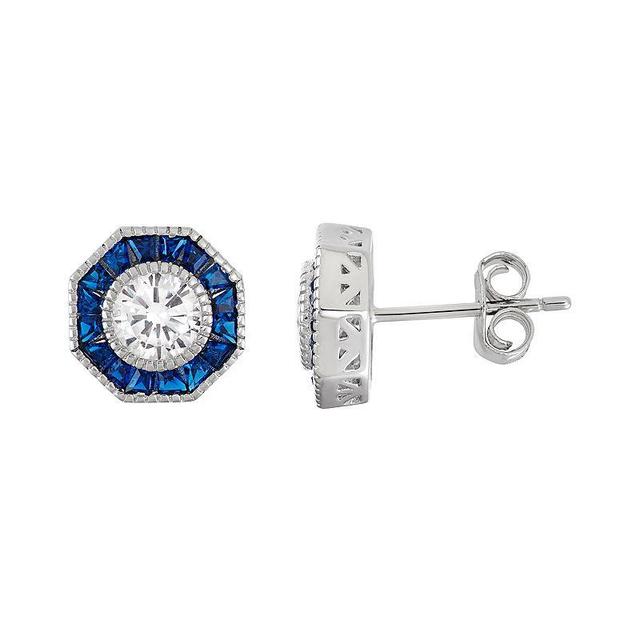 Sterling Silver Cubic Zirconia & Lab-Created Blue Spinel Halo Stud Earrings, Womens Product Image