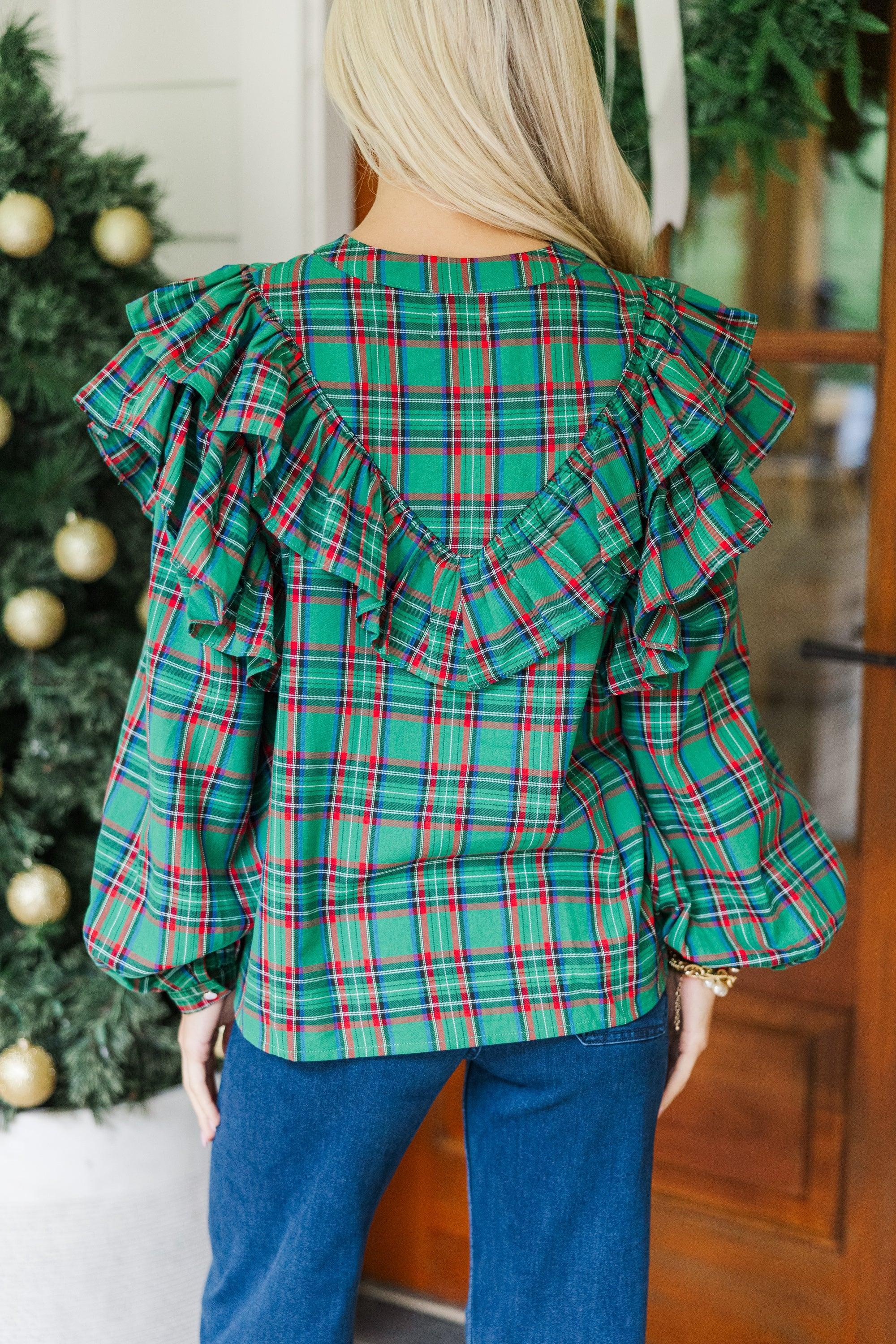 It's All Possible Green Tartan Plaid Button Down Blouse Female Product Image