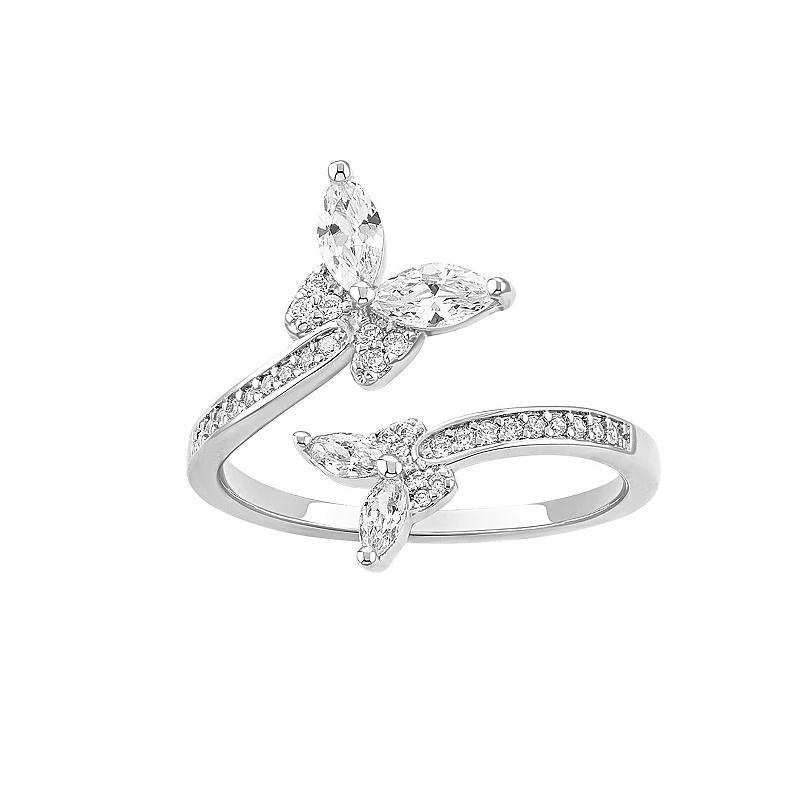 PRIMROSE Fine Silver Plated Cubic Zirconia Double Butterfly Bypass Ring, Womens Silvertone White Product Image