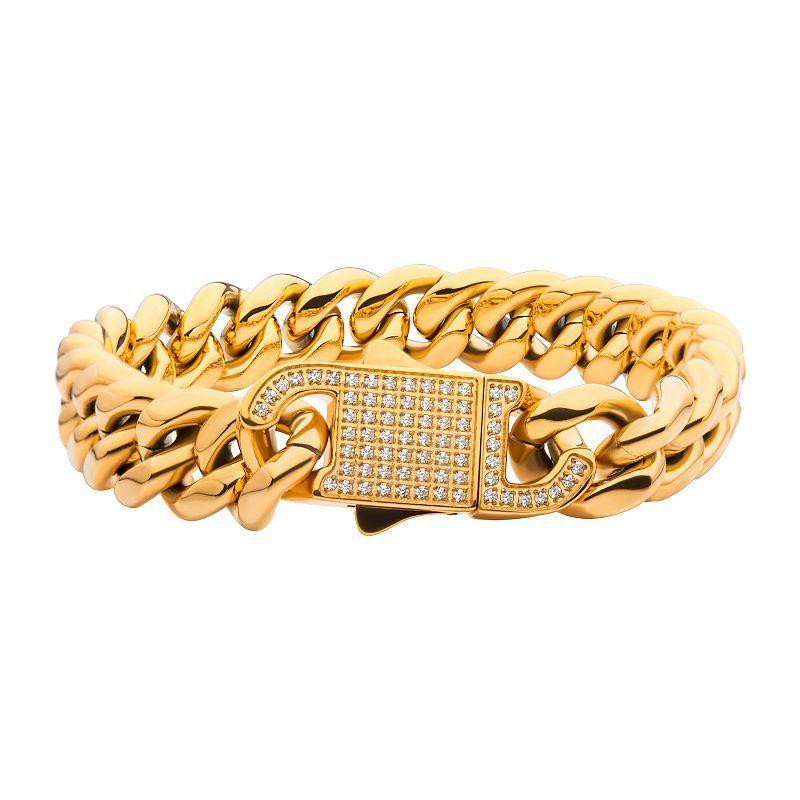 Stainless Steel Curb Chain & Cubic Zirconia Clasp Bracelet, Mens Gold Tone Product Image