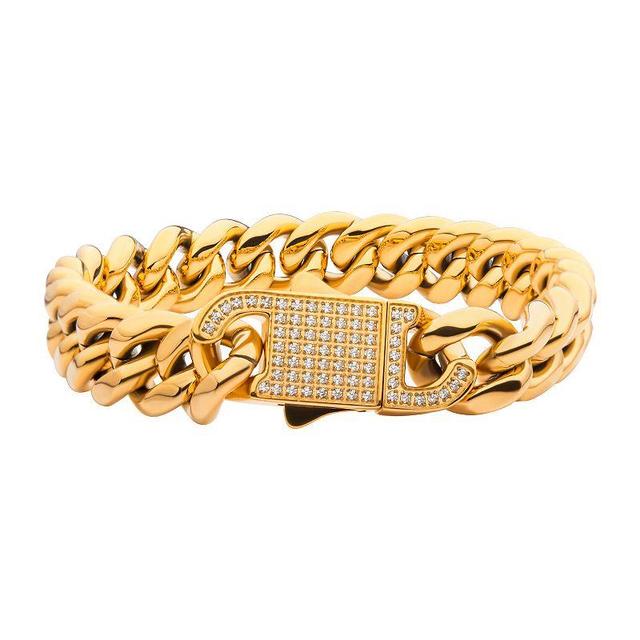 Stainless Steel Curb Chain & Cubic Zirconia Clasp Bracelet, Mens Yellow Product Image