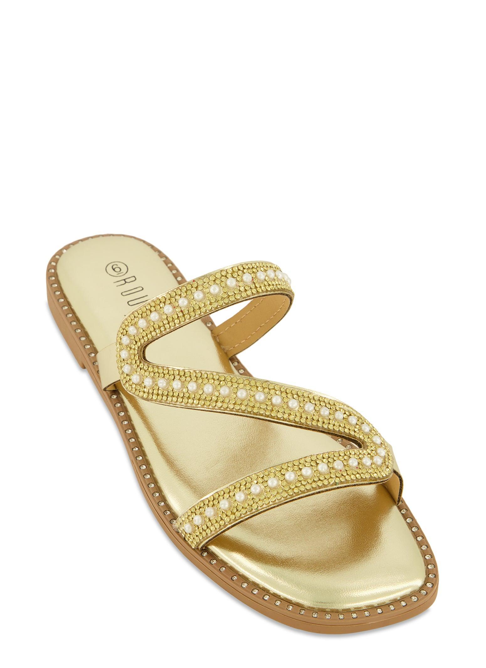 Womens Rhinestone Asymmetric Band Flat Sandals Product Image