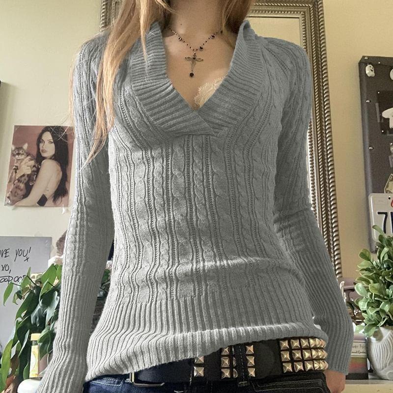 V-Neck Plain Hood Cable Knit Sweater Product Image