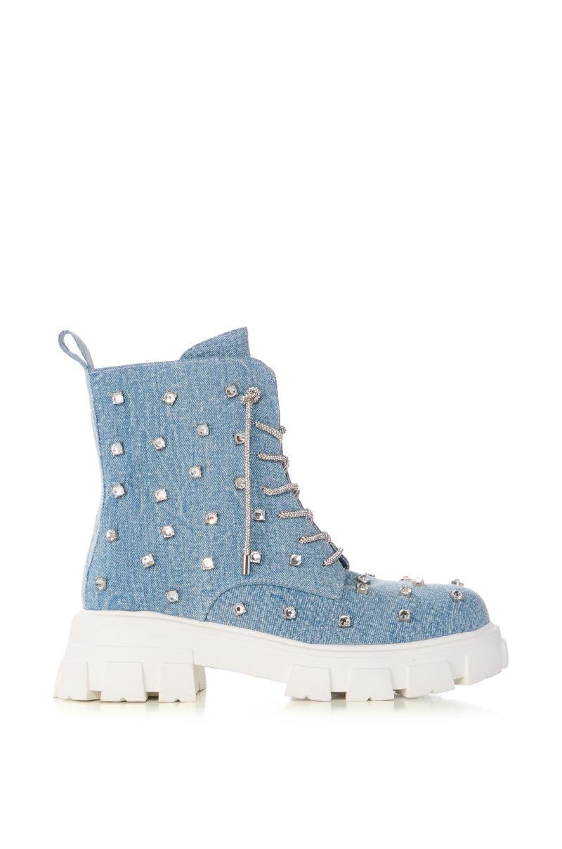 AZALEA WANG GET WHAT SHE LIKE EMBELLISHED BOOTIE IN DENIM Product Image