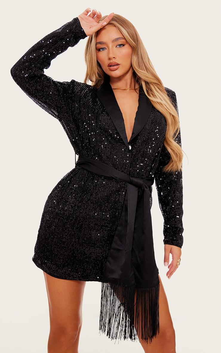 Black Sequin Tassel Tie Detail Blazer Dress Product Image