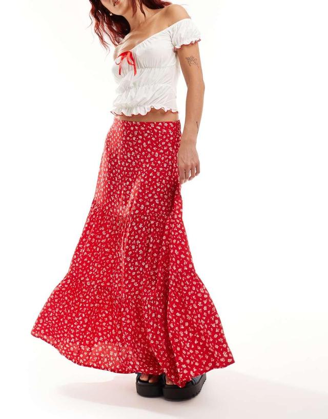 Monki tiered maxi skirt in red meadow floral Product Image