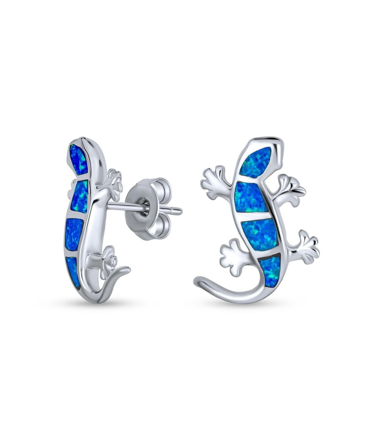 Bling Jewelry Iridescent Blue Created Opal Inlay Garden Gecko Lounge Lizard Stud Earrings For Women .925 Sterling Silver Product Image