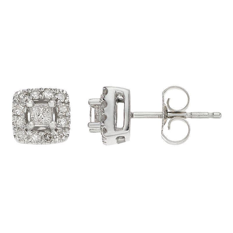 10K White Gold 1/3 Carat T.W. Diamond Princess-Cut & Round Halo Earrings, Womens Product Image