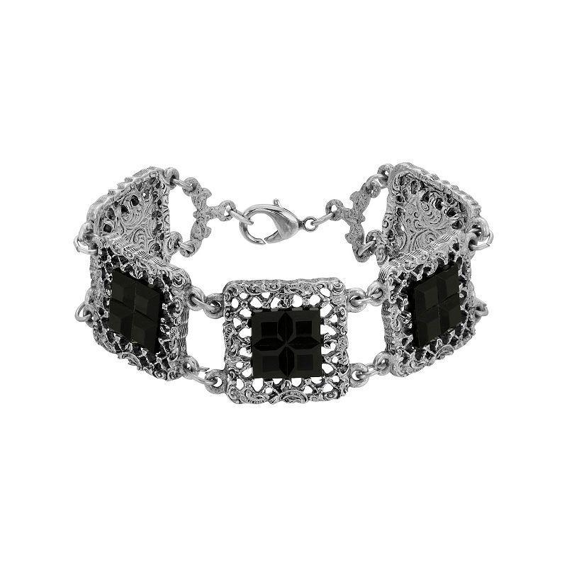 1928 Silver Tone Black Crystal Square Link Bracelet, Womens Product Image