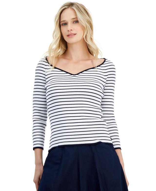 Nautica Jeans Womens Striped Sweetheart-Neck Sweater Product Image