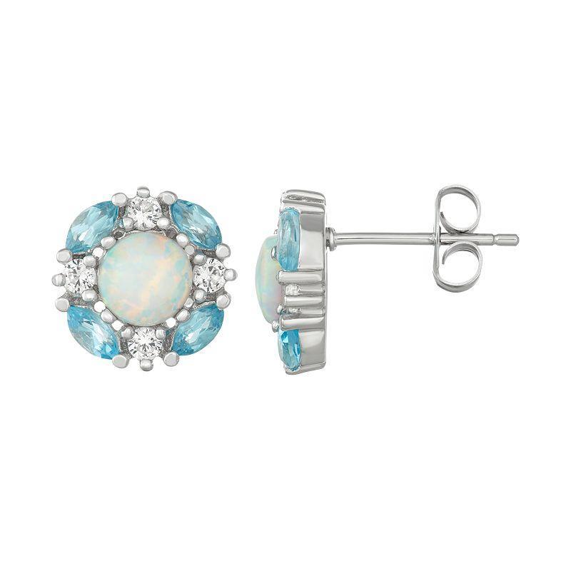 Sterling Silver Blue Topaz, Lab-Created Opal & White Sapphire Cluster Stud Earrings, Womens Product Image