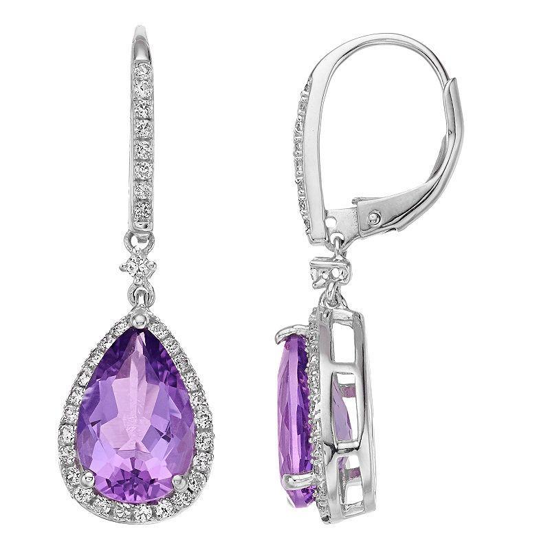 Sterling Silver Amethyst & Lab-Created White Sapphire Teardrop Earrings, Womens Product Image