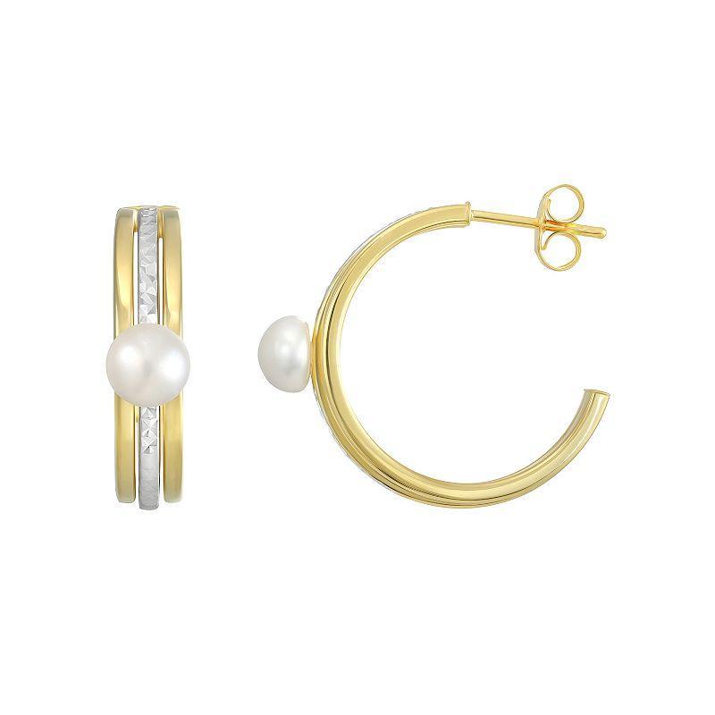 Two Tone Sterling Silver Freshwater Cultured Pearl Half Hoop Earrings, Womens, White Product Image