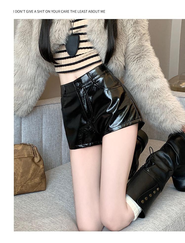 High Waist Plain Faux Leather Hot Pants Product Image