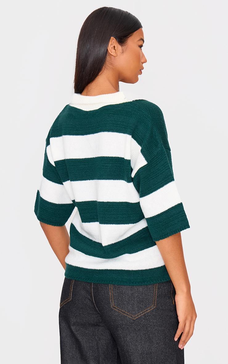 Green And White Stripe Knit V Neck Oversized Rugby Top Product Image