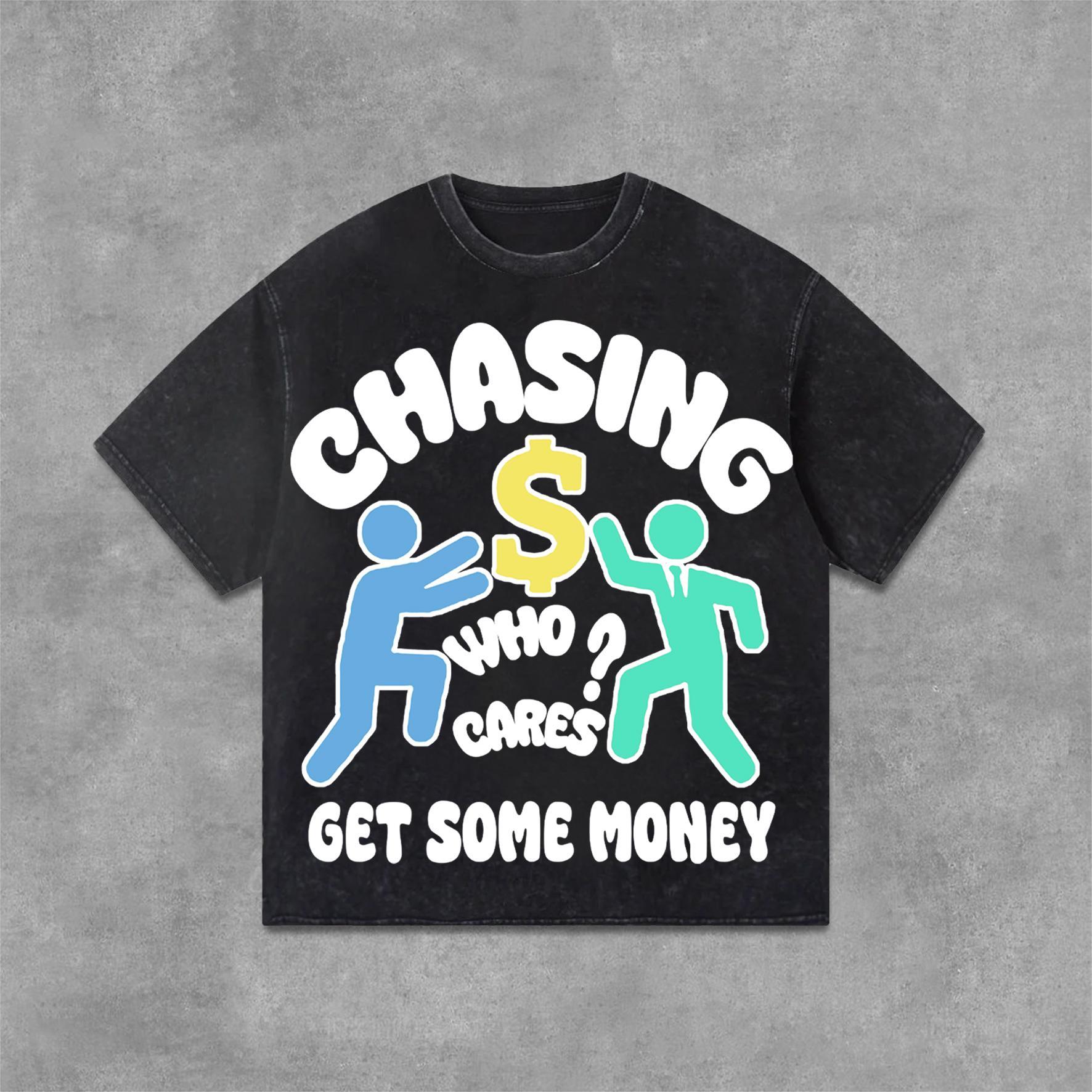 Vintage Chasing Money Graphic Print Casual Acid Washed T-Shirt Product Image