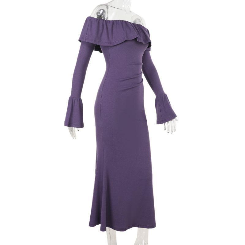 Long-Sleeve Off-Shoulder Plain Ruffle Trim Maxi Sheath Dress Product Image