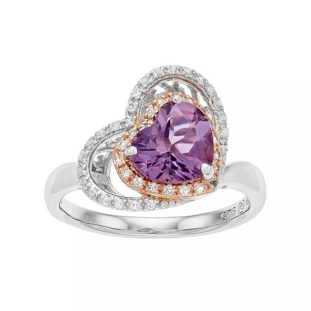 Two Tone Sterling Silver Amethyst & White Topaz Heart Halo Ring, Womens Product Image