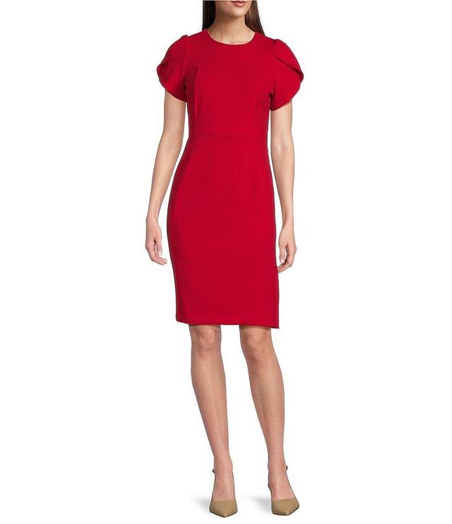 Calvin Klein Scuba Crepe Short Petal Sleeve Crew Neck Sheath Dress Product Image