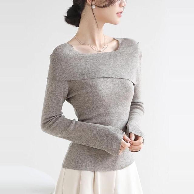 Long Sleeve Boat Neck Plain Knit Top Product Image