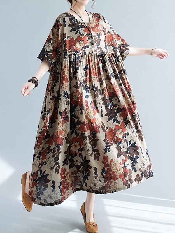 Loose Puff Sleeves Floral Printed Round-Neck Midi Dresses Product Image