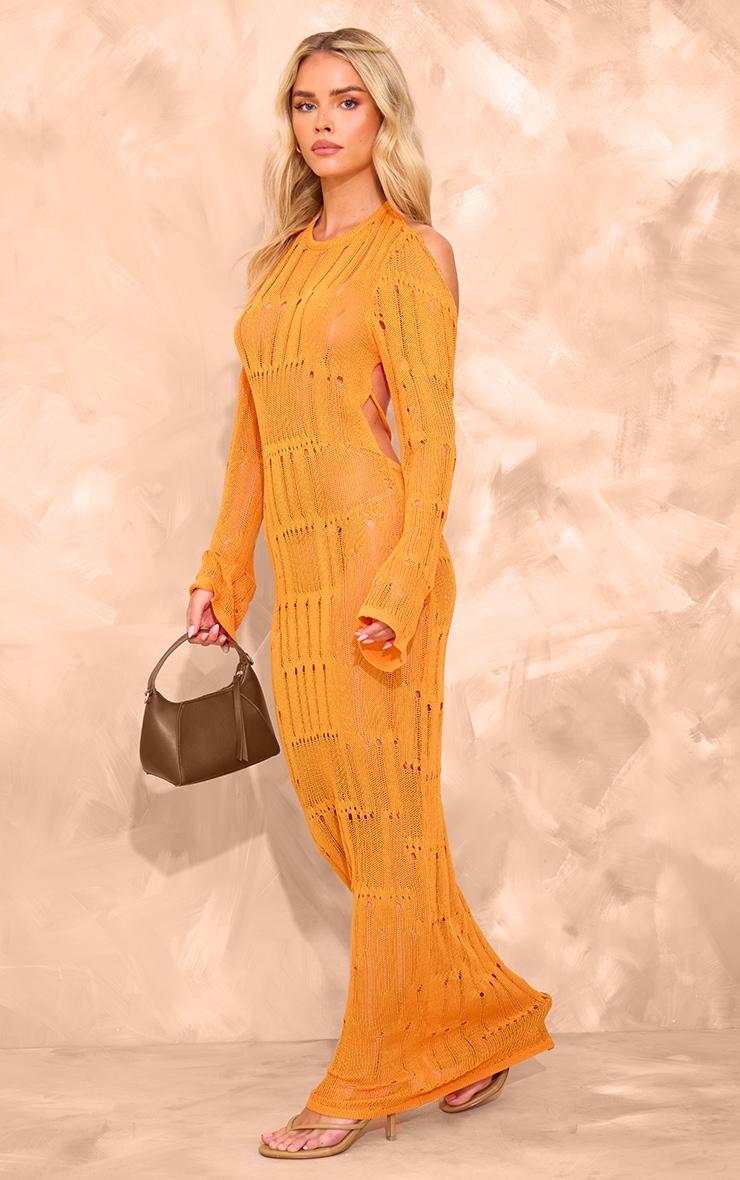 Petite Orange Knitted Open Back Long Sleeve Maxi Dress Product Image